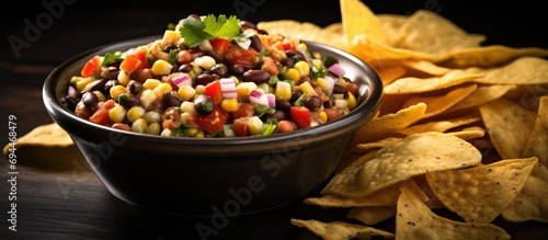 Texas Caviar dip made at home, served with chips.