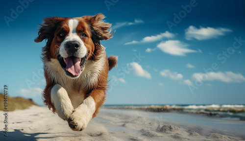 Un chien de race saint-bernard courant sur une plage