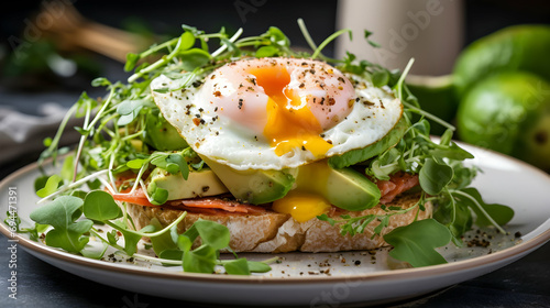 An open-faced sandwich with a sunny-side-up egg, avocado slices, salmon, microgreens, and seasoning on top