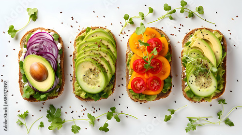 A top view of various open-faced sandwiches with different toppings like cucumber, tomato, and smoked salmon