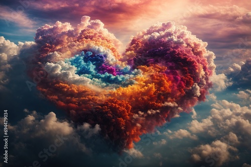 A vibrant, swirling heart made of clouds, bursting with colors of love and passion