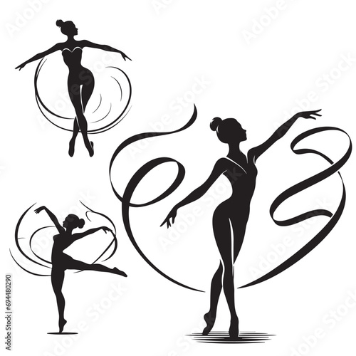 Vector Illustration of silhouette ballet dancers with swirl decorations.