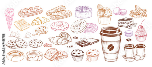 Colorful sketch icons vintage vector illustrations collection of bakery and takeaway coffee