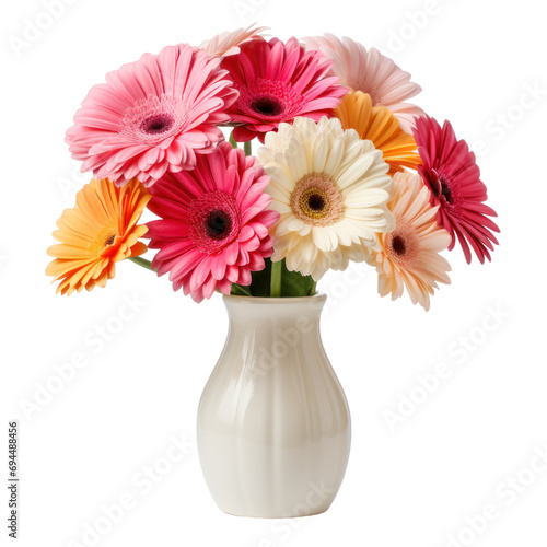 Beautiful gerbera flowers bouquet in a vase solated on white or transparent background, png clipart, design element. Easy to place on any other background.