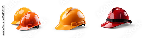 set collection of fireman and hard safety orange or yellow helmet cap hat in different color styles for construction sites, isolated on white png transparent background