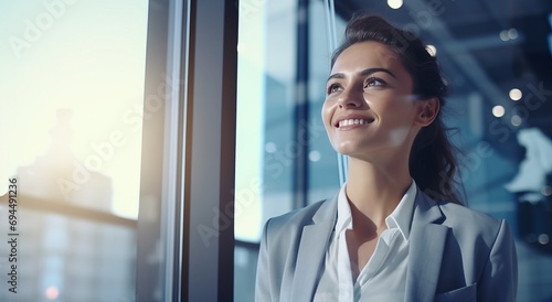 business woman smiling while standing in front of an office window