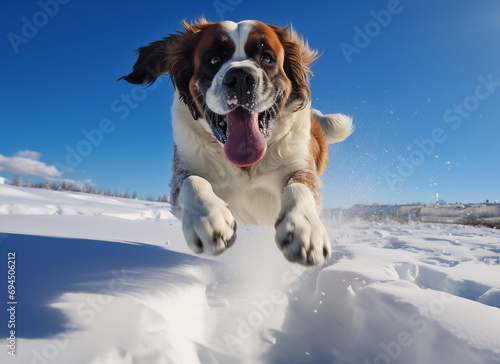 Un chien de race saint-bernard courant dans la neige