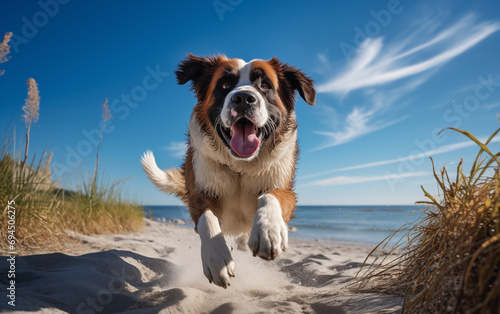 Un chien de race saint-bernard courant sur une plage