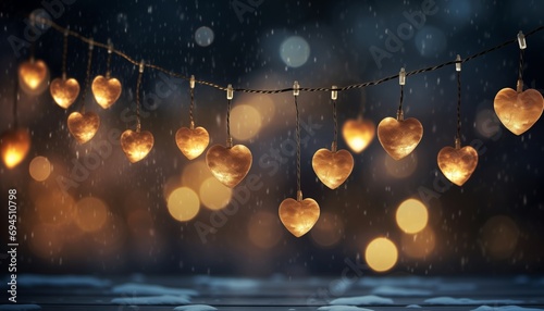Bright Glowing vintage heart Light bulbs Suspended in the Frosty Winter night Evening