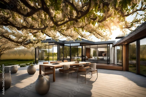 A high-tech, energy-efficient home surrounded by a picturesque orchard filled with blossoming fruit trees.
