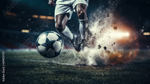 Close-up of a soccer striker ready to kicks the ball in the football goal. Soccer scene at night match with player kicking the ball with power
