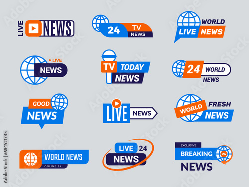 World news logo. Emblems for news tv entertainment recent vector badges set collection with place for text