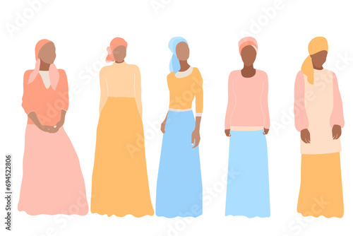 Set of afro women, female figures wearing modest clothing and headcovers. Isolated vector elements. .