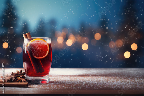 Christmas mulled red wine with spices and fruits on a brown rustic table