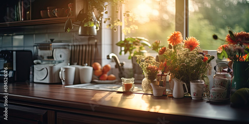 Home window with a cozy vase of beautiful, fresh flowers, enhancing the sunny room.