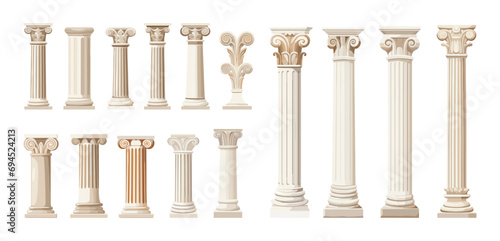 Classic ancient white columns. Isolated column greek and romanian style. Decorative architecture elements, vector collection