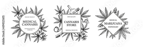Set of medical cannabis frame. Marijuana plant design for logo template, packaging, social media posts. Medicinal legalisation vector illustration in sketch style