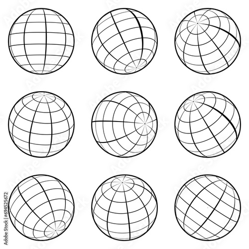 Collection of outline earth globes. Monochrome globe icon