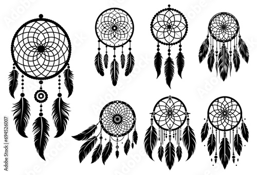 Dreamcatchers set with feathers and beads for ethnic, poster, greeting card, tribal indian symbol, vector illustration.