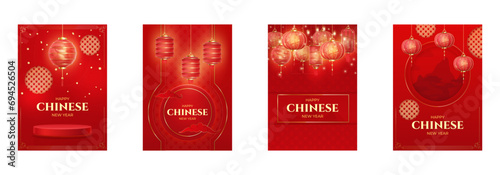 Realistic asian lanterns posters. China new lunar year spring flyers template, festive 3d red banner with lantern traditional ornament decor background decent vector illustration
