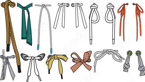 Drawstring cord flat sketch vector illustrator. Set of bow knot Draw string with aglets for Waist band, bags, shoes, jackets, Shorts, Pants, dress garments, Drawcord for Clothing to pulled or tighten