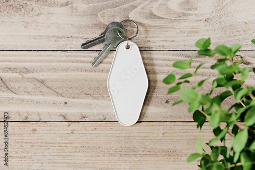 Vintage hotel keychain mockup. 3D rendering