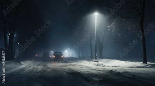 Winter road at night with traffic lights and cars in the fog. AI generated