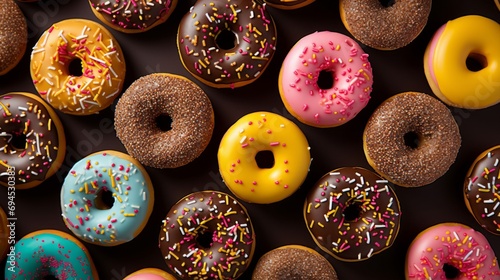 Donuts pattern. Different types of donuts on dark background. Chocolate, glaze and caramel donuts