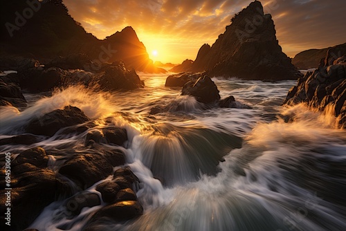 A spectacular sunrise with dynamic, rough waves crashing against picturesque cliffs