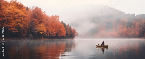 person in canoe floating in a lake with autumnal scenery