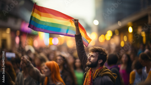 A Woman Raised A Rainbow Flag From The Crowd Of People At Pride Parade