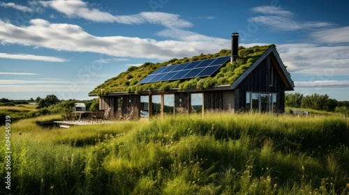 Eco-Friendly House with Green Roof and Solar Panels. An eco-friendly wooden house cottage featuring a lush green roof and solar panels set in a serene natural landscape