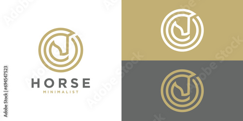 Minimal Horse Logo. Linear Style Horse Head in Circle. Flat Logo Icon Symbol Design Template.