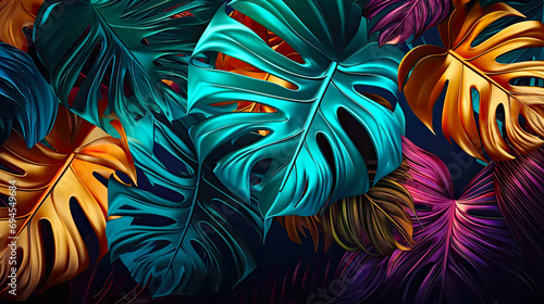 Multicolored leaves of tropical monstera plant background. Postproducted generative AI illustration.