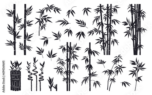Bamboo silhouettes. Jungle forest plants leaves and branches, black ink decorative bamboo flat vector illustration set. Bamboo branches silhouette collection