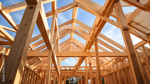 L'intérieur d'une charpente de maison en bois en construction.