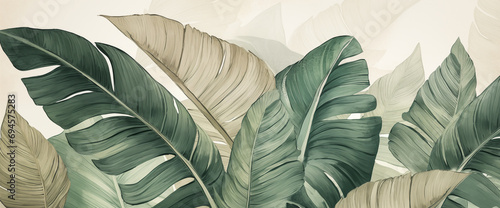 Tropical plants wallpaper design with banana leaves. Jungle background, big leaf plants landscape, green mural art. Musa paradisiaca Linn safari backdrop for copy space 