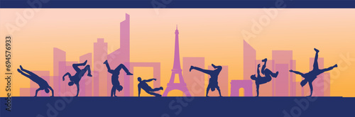 Great editable vector file of breakdancer silhouette in the front of Paris skyline with classy and unique style best for your digital design and print mockup