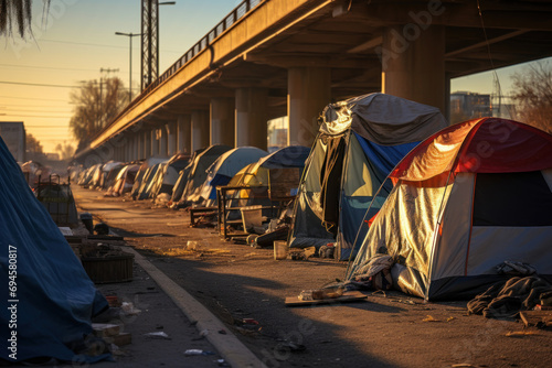 A row of dilapidated tents pitched beneath an overpass, illustrating the challenges faced by those living in makeshift encampments. Generative Ai.
