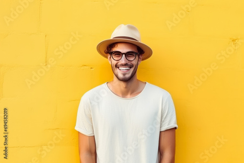 Cheerful young man in yellow hat and glasses on yellow background
