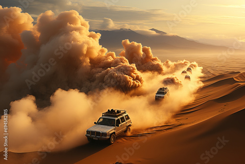 A convoy of off-road vehicles kicks up massive dust clouds while navigating through sand dunes in a desert at sunset.