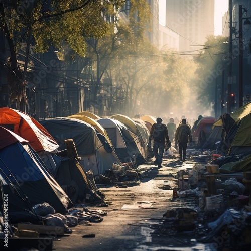 Homeless encampment on an urban street. Homelessness epidemic in America. Refugees "sanctuary city. Right to housing, poverty, homelessness