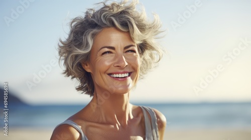 Portrait of a beautiful happy smiling gray haired woman on the beach. AI Generated