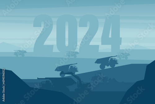 Dawn in a mining extraction with the year 2024 in the background with heavy machinery such as a mining truck, front loader and a tracked excavator. Celebrating the beginning of a happy new year