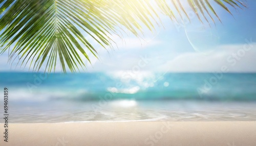Palm tree on tropical beach with blue sky and white clouds abstract background. 