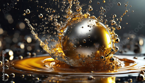 Close-up of metallic ball splashing in oil, lubrication process for industrial plant.