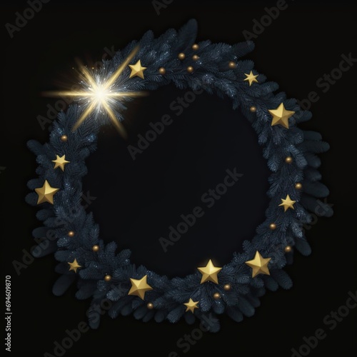  blue christmas wreath with gold stars on a black background with a bright starburst in the center, Ernest William Christmas