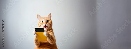 茶色の猫が黄色のカバーをしているスマートフォンを持って驚いている写真