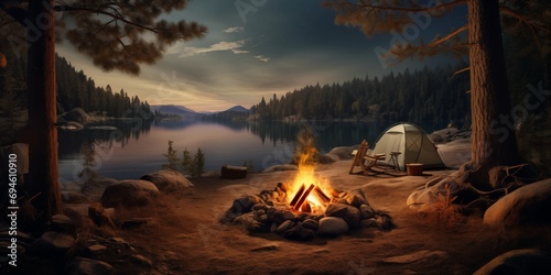 A Peaceful Night by the Lake: Camping and a Small Bonfire with a Mountain in the Middle of the Lake