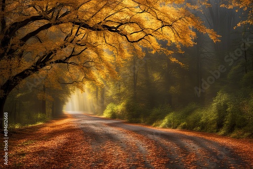 Tranquil forest road with orange leaves, treelined path, morning sunlight.